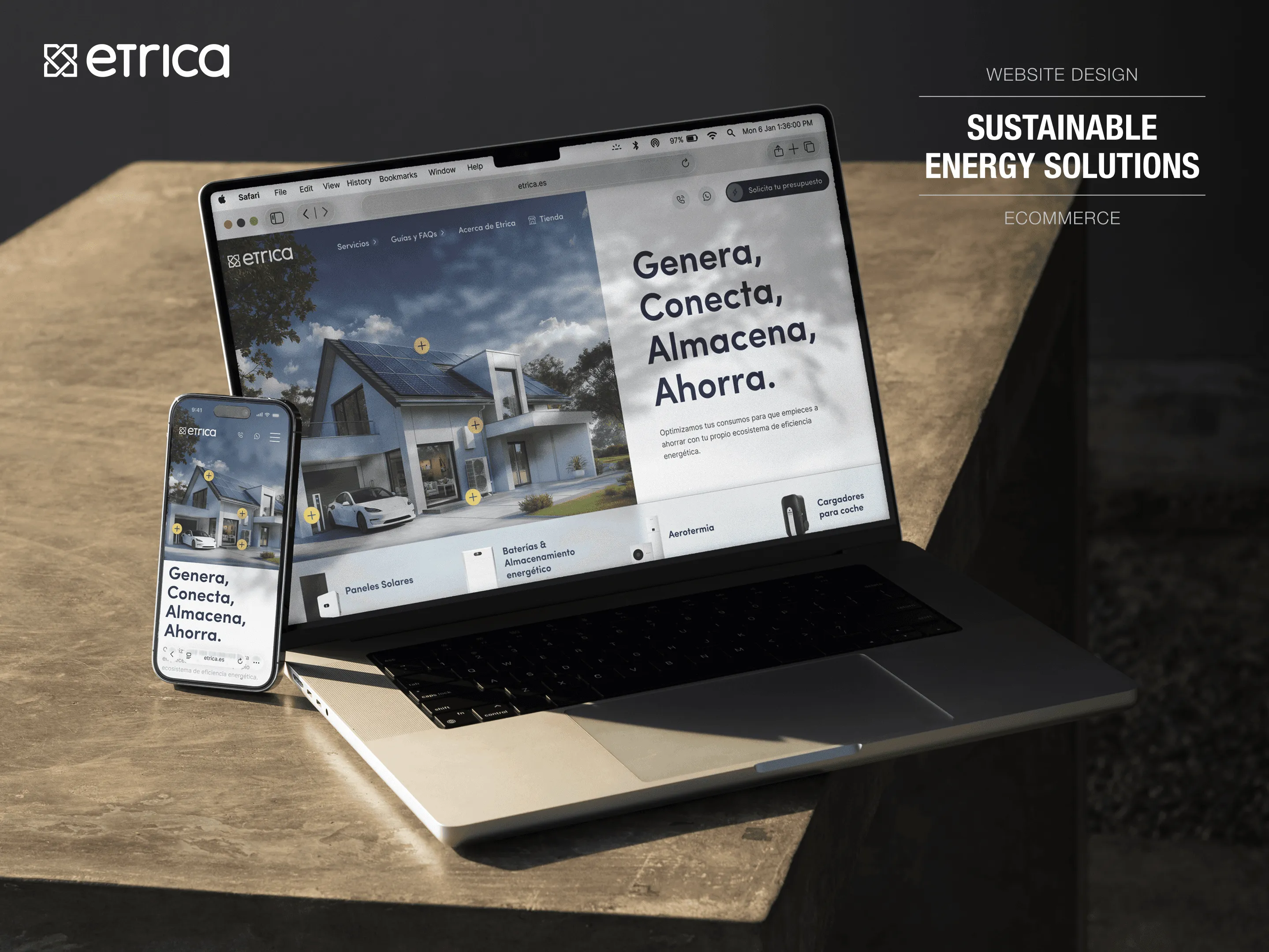 Portada del rediseño web de Etrica: home de la plataforma de energía sostenible en escritorio