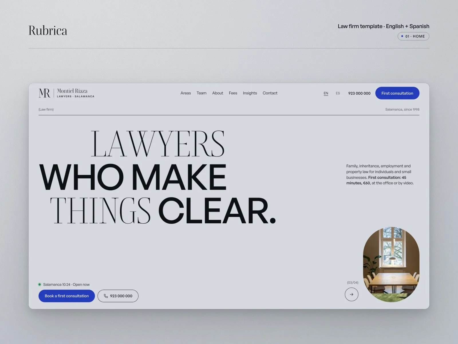 Rubrica law firm website template: the full home page hero