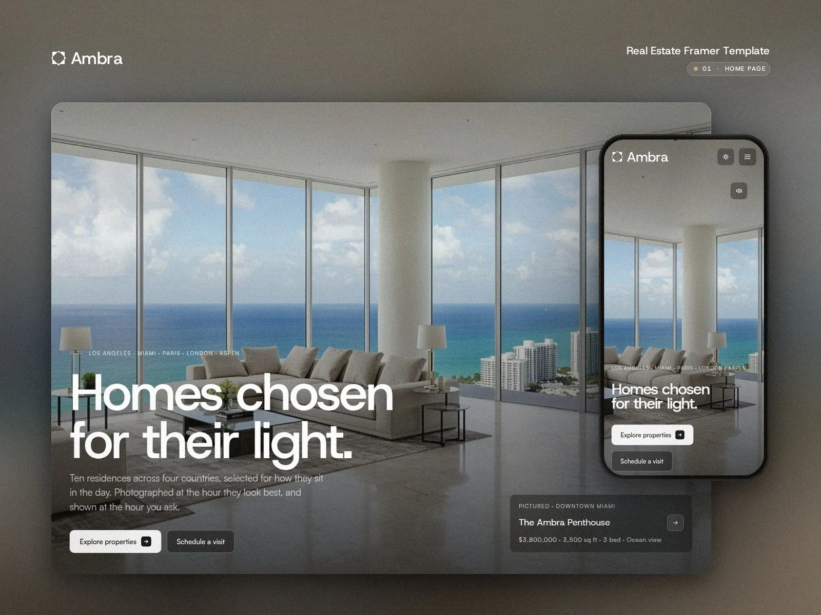 Ambra — home page hero on desktop and phone