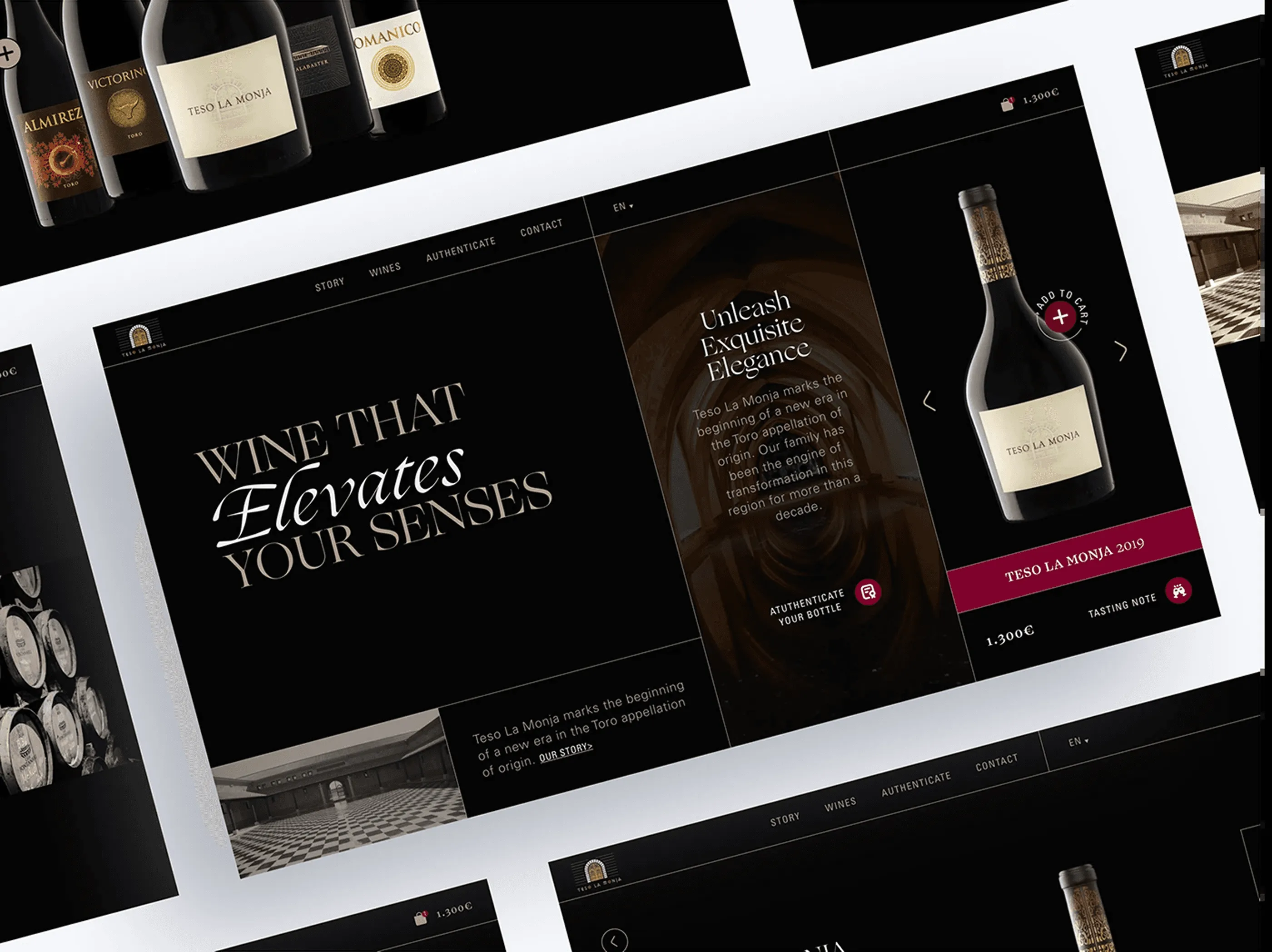 Main screens of the Teso La Monja website laid out as a system