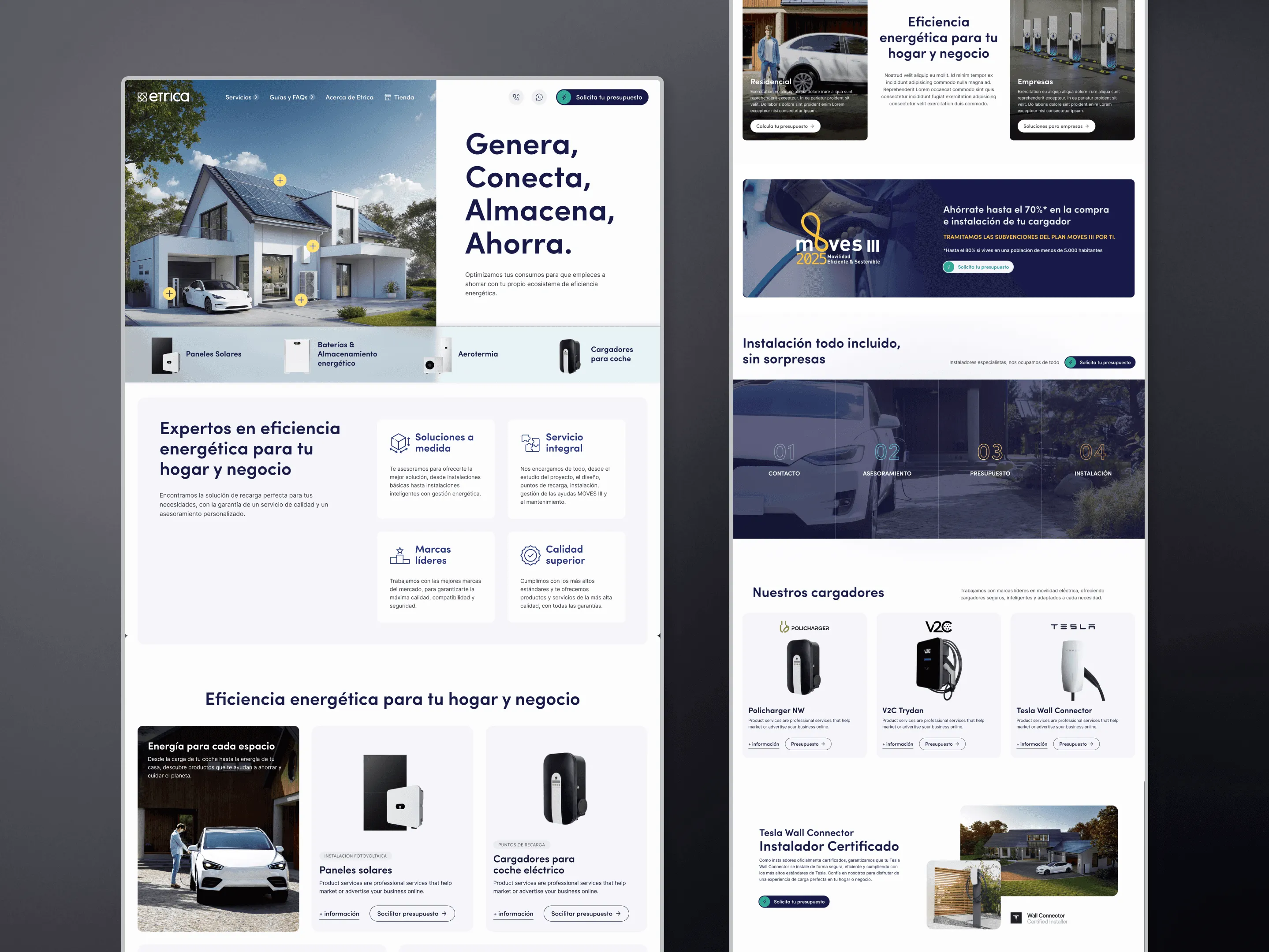 Etrica homepage and service pages for solar panels, batteries, heat pumps and EV chargers