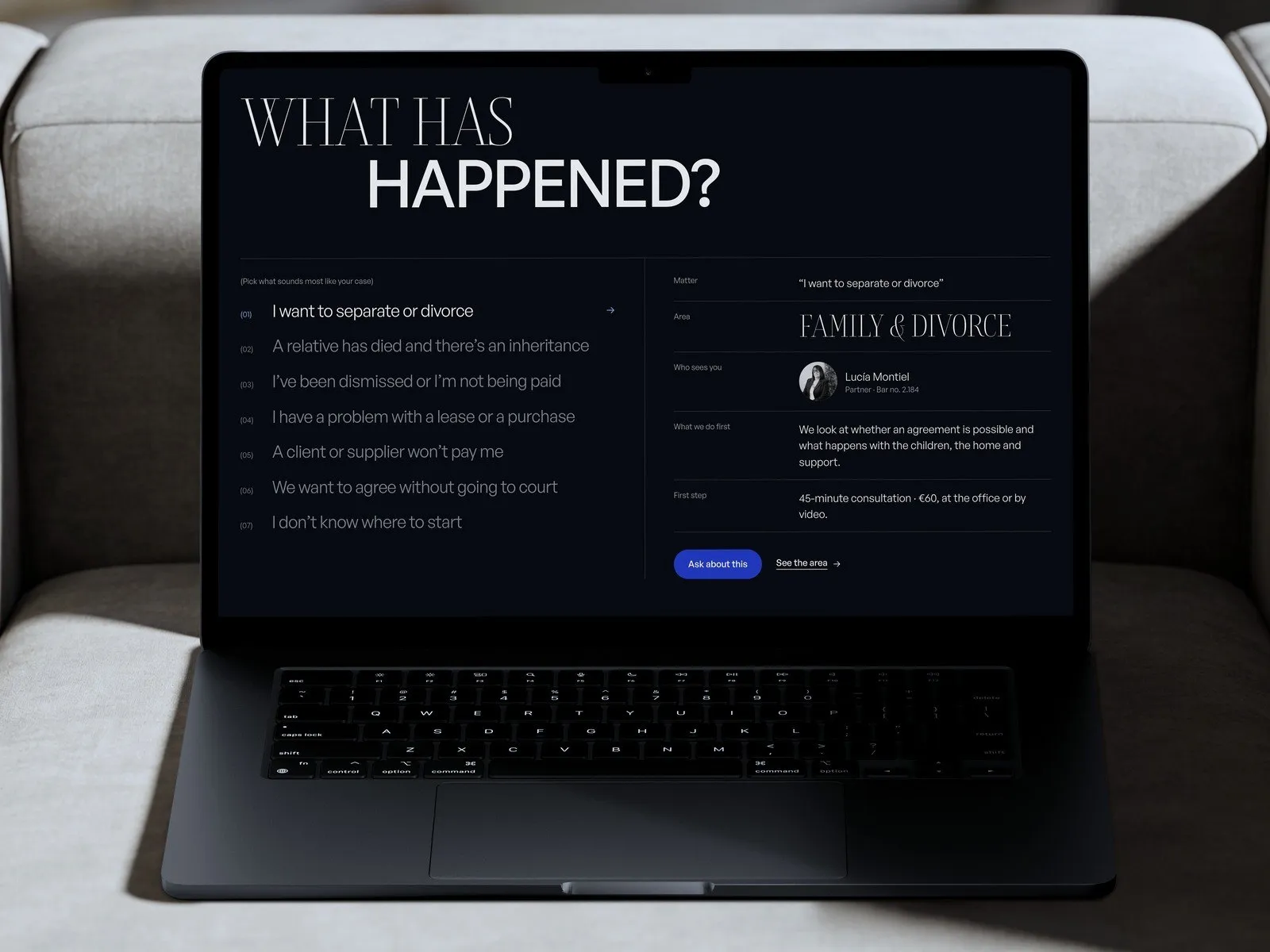 Situation finder «What has happened?» on a laptop, leading to the right practice area