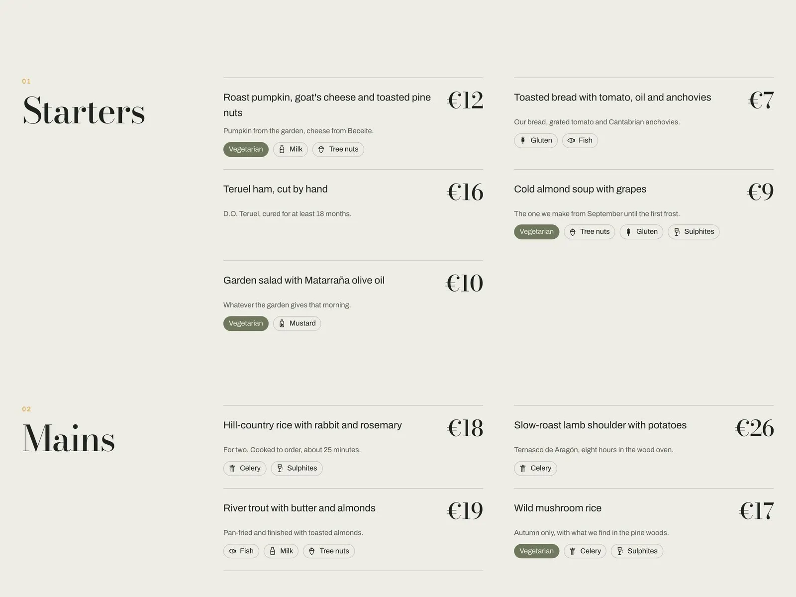 Menu page with allergen icons