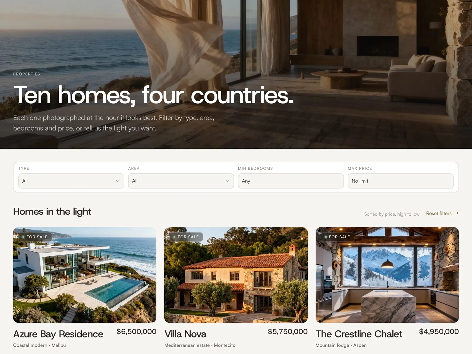Properties page with the filter bar and the first row of homes