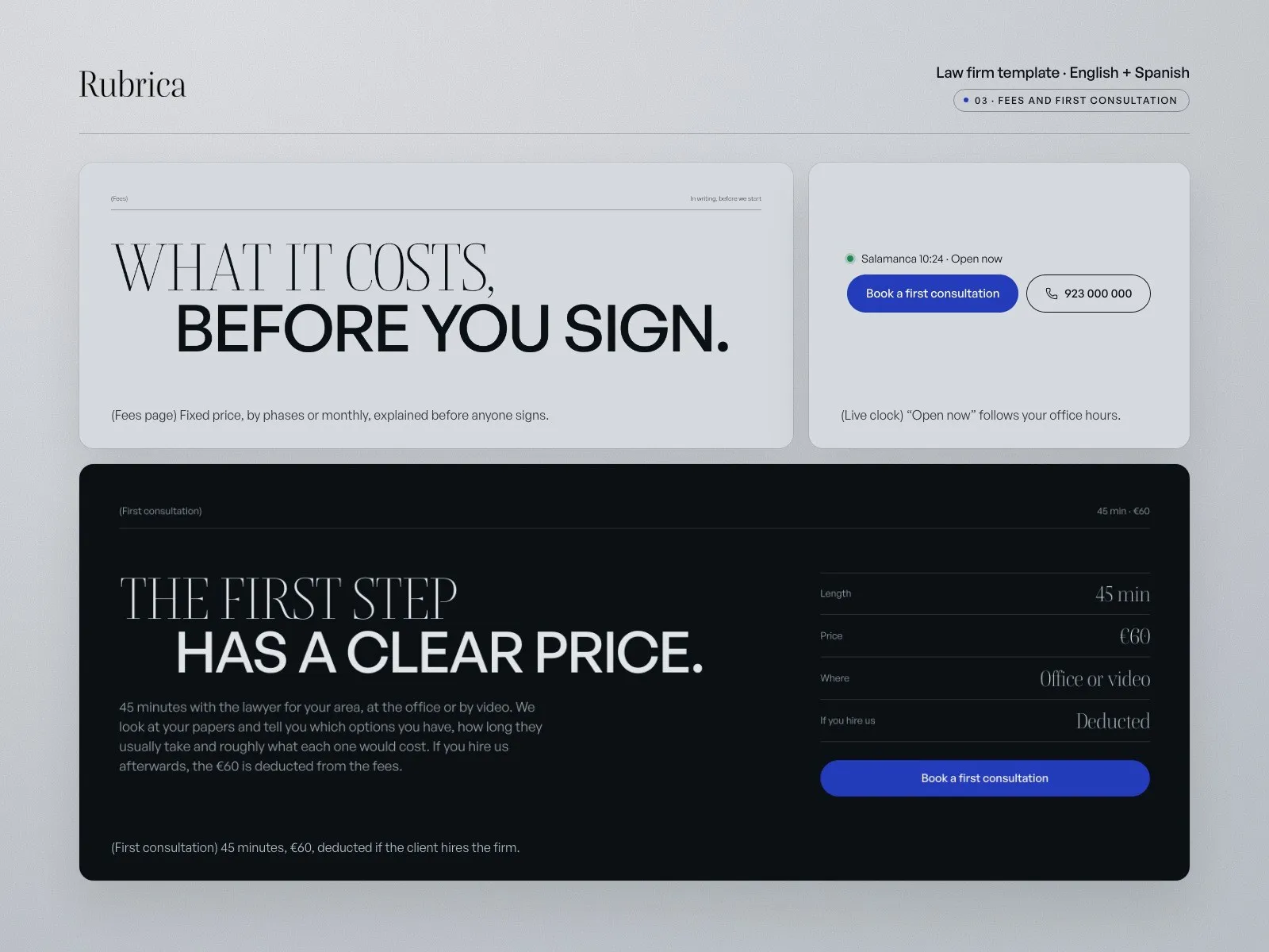 Law firm fees page, live «Open now» clock and the priced first consultation
