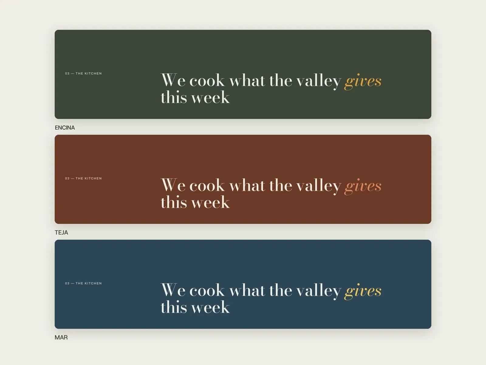 The kitchen section in the Encina, Teja and Mar palettes