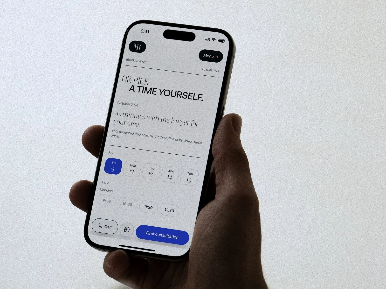 Booking the first consultation with a lawyer on an iPhone in hand