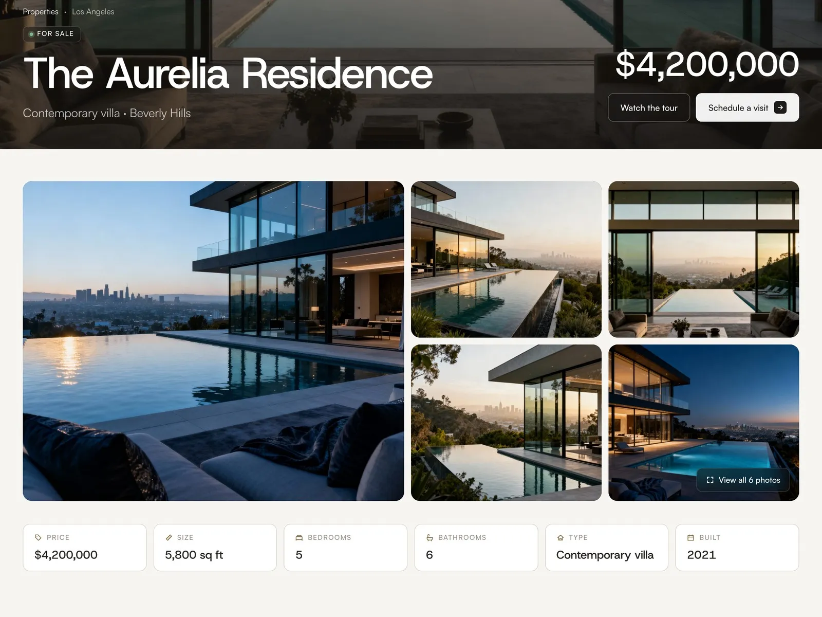 Property page with title, price, gallery and key facts