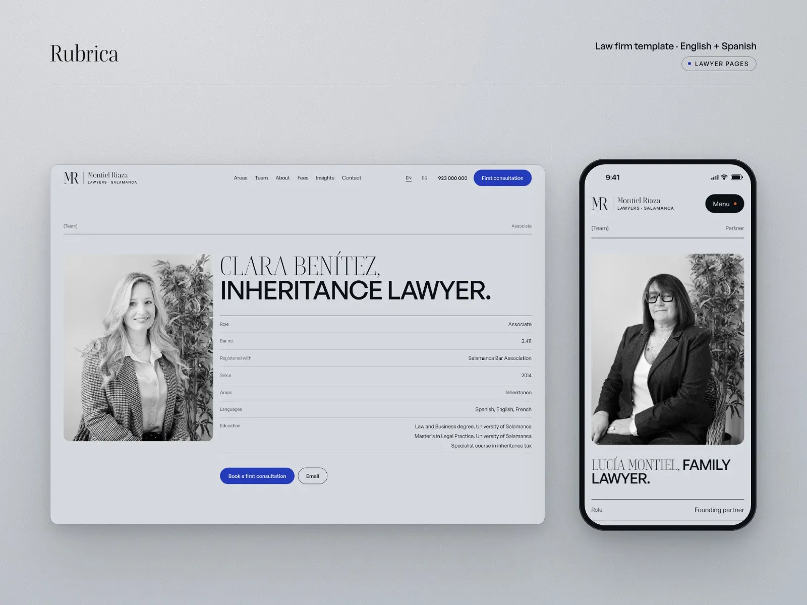 Lawyer profile pages with bar number, on desktop and phone