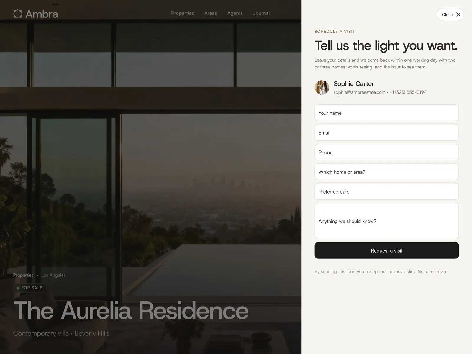 Side contact panel open over a property page