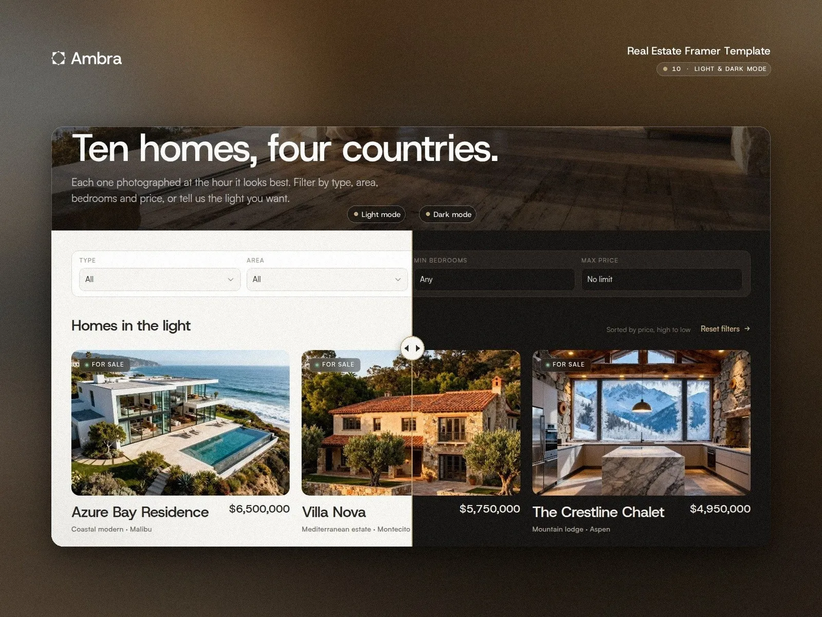 The properties page split in light and dark mode