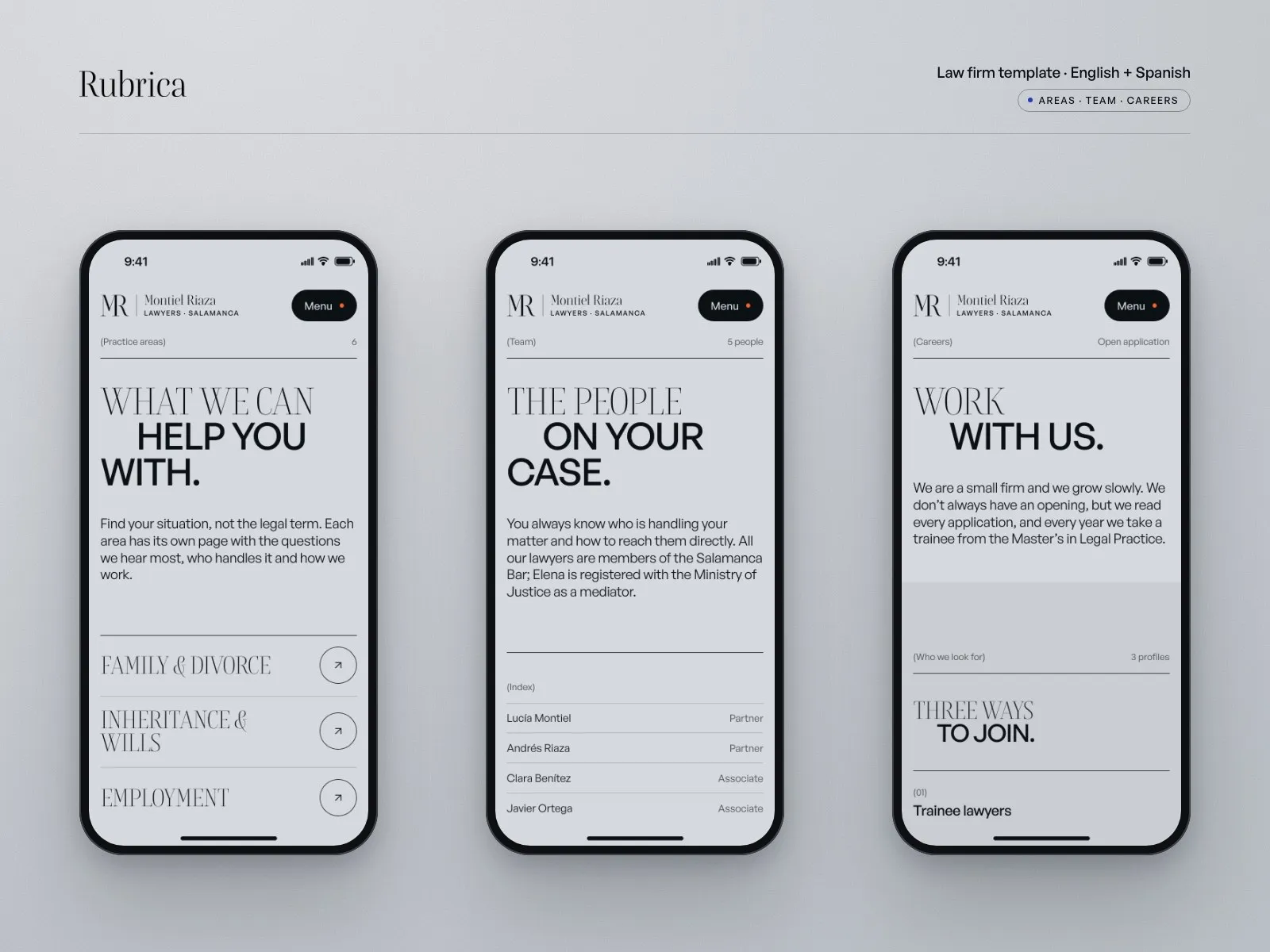 Practice areas, team and careers pages on three phones