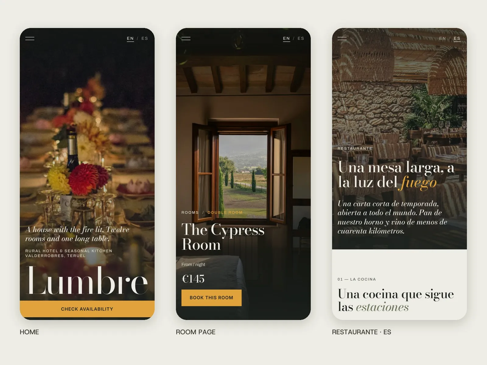 Phone breakpoint · home, room page and the Spanish restaurant page