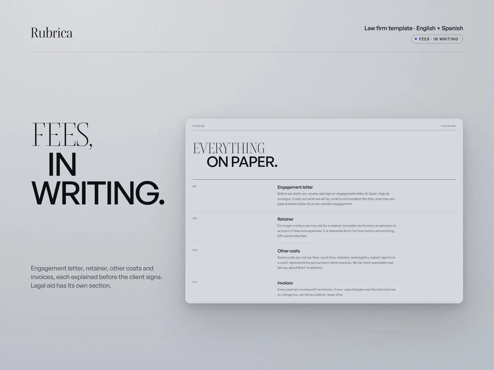 Fees in writing: engagement letter, retainer, other costs and invoices, explained before the client signs
