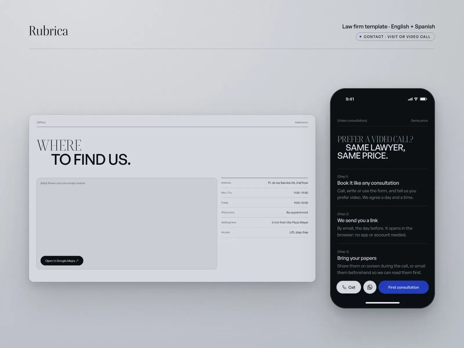 Contact page: office details with a map that loads after consent, and the video consultation on a phone