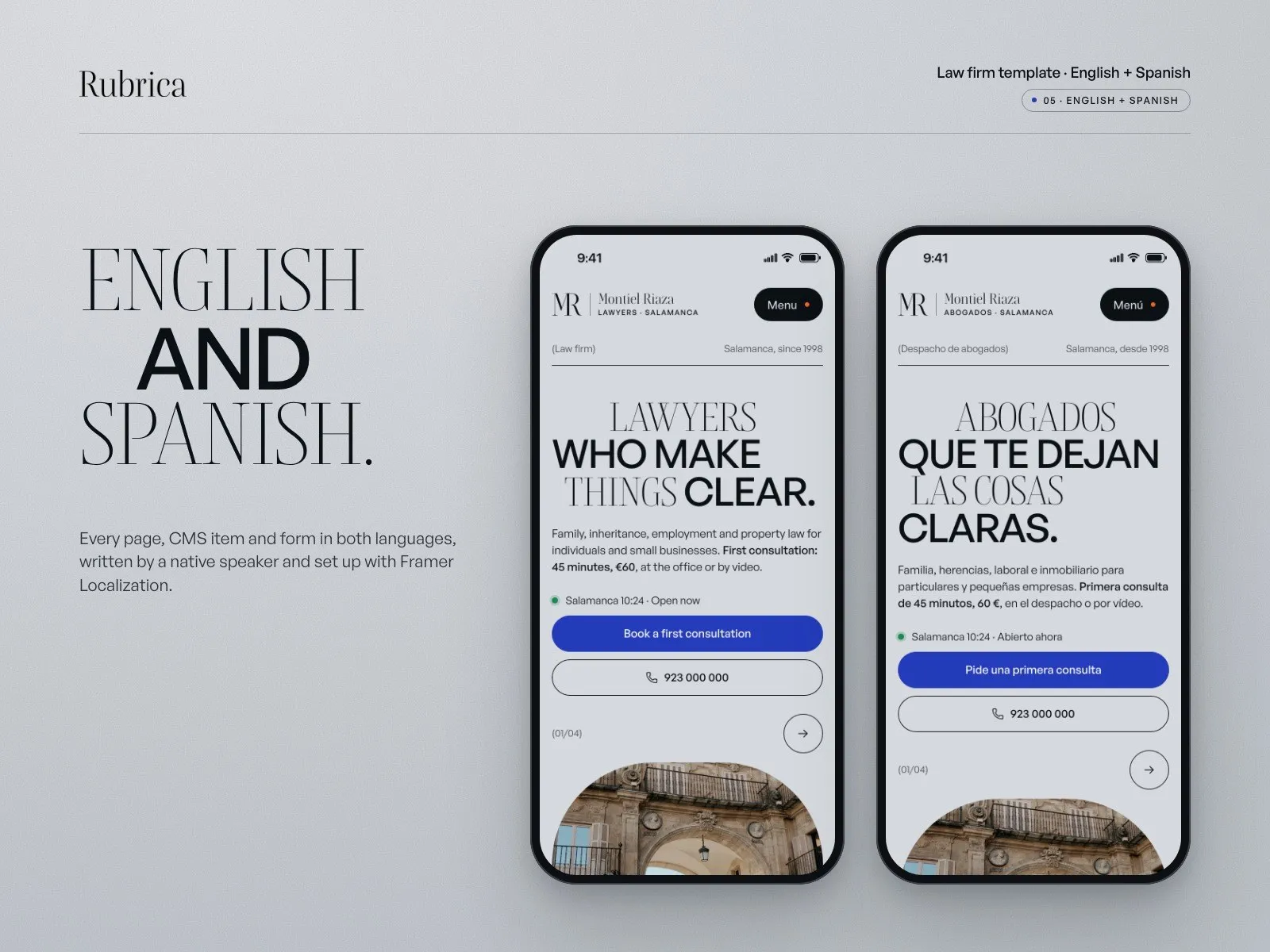 The law firm home page in English and in Spanish