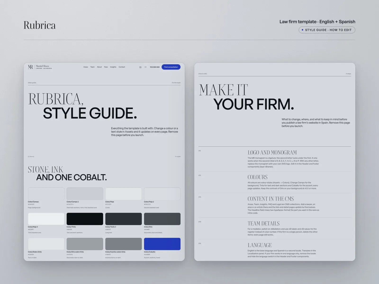 Included for the buyer: the style guide with colours and type, and the How to edit page