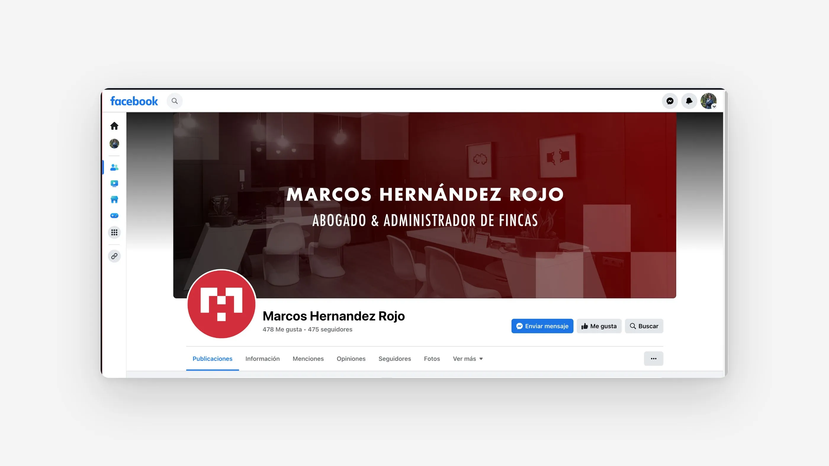 Página de Facebook con el símbolo redondo como foto de perfil y una portada roja