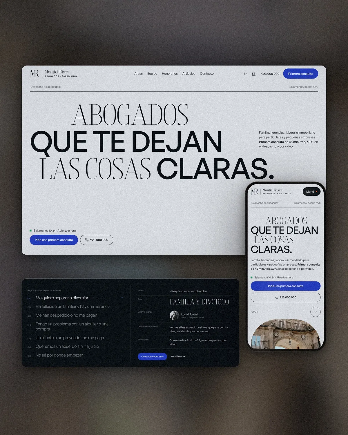 Rúbrica, plantilla de Framer para despachos de abogados, en escritorio y móvil
