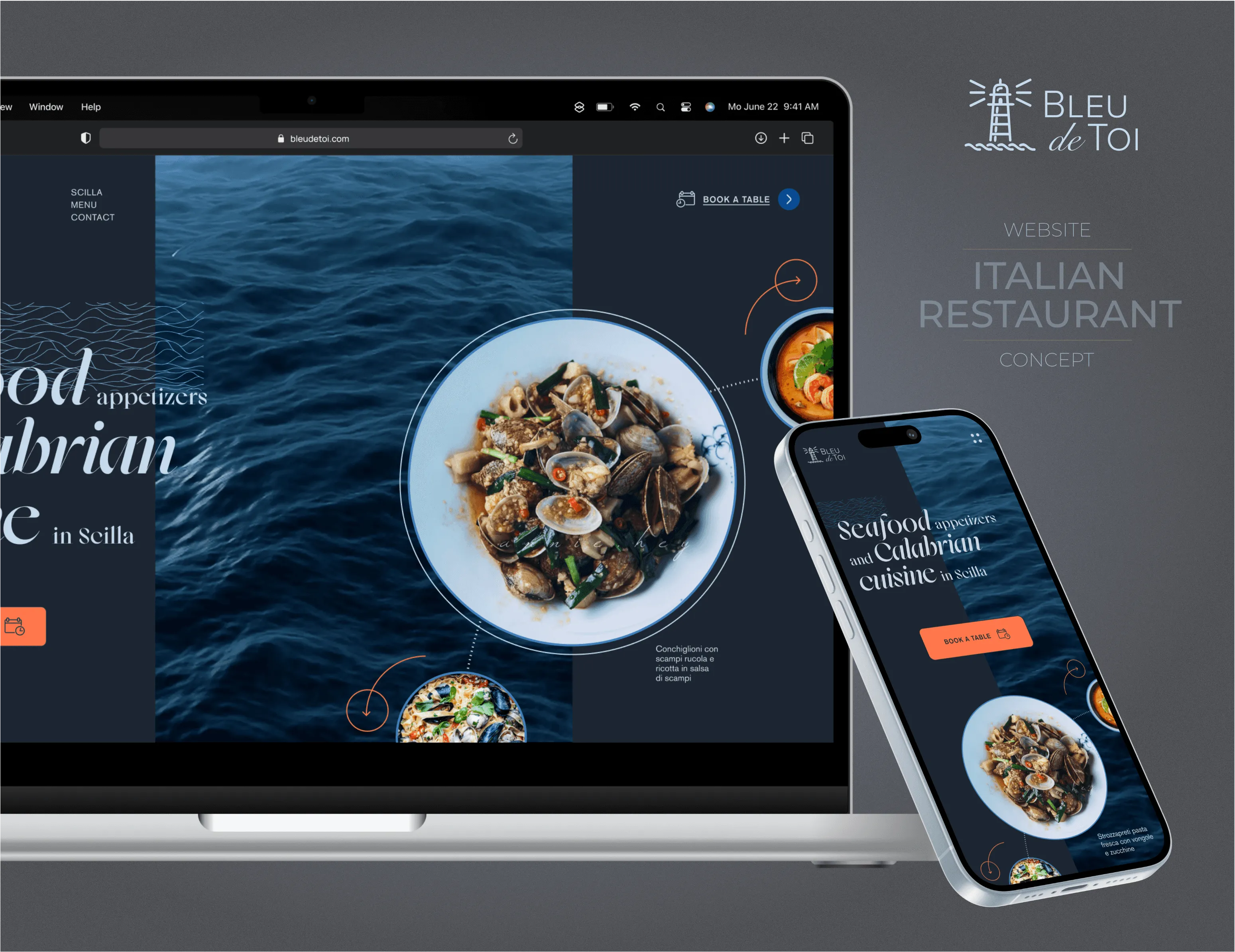Web conceptual de Bleu de Toi: home de restaurante de marisco sobre azul marino
