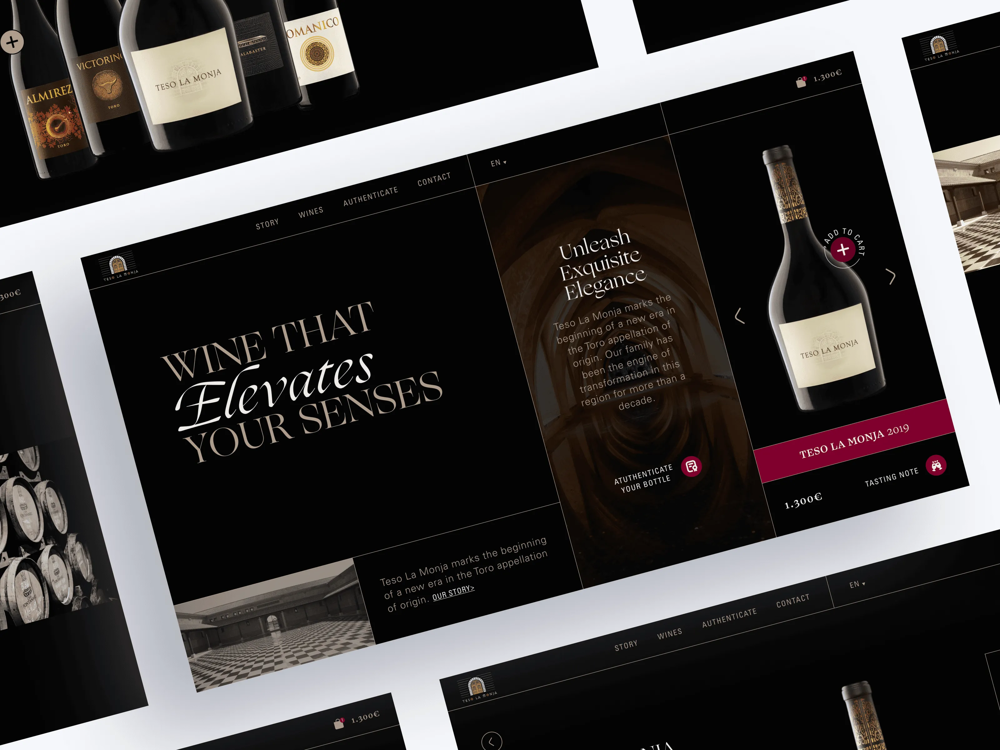 Web conceptual de Teso La Monja: home de bodega sobre casi negro con una sola botella