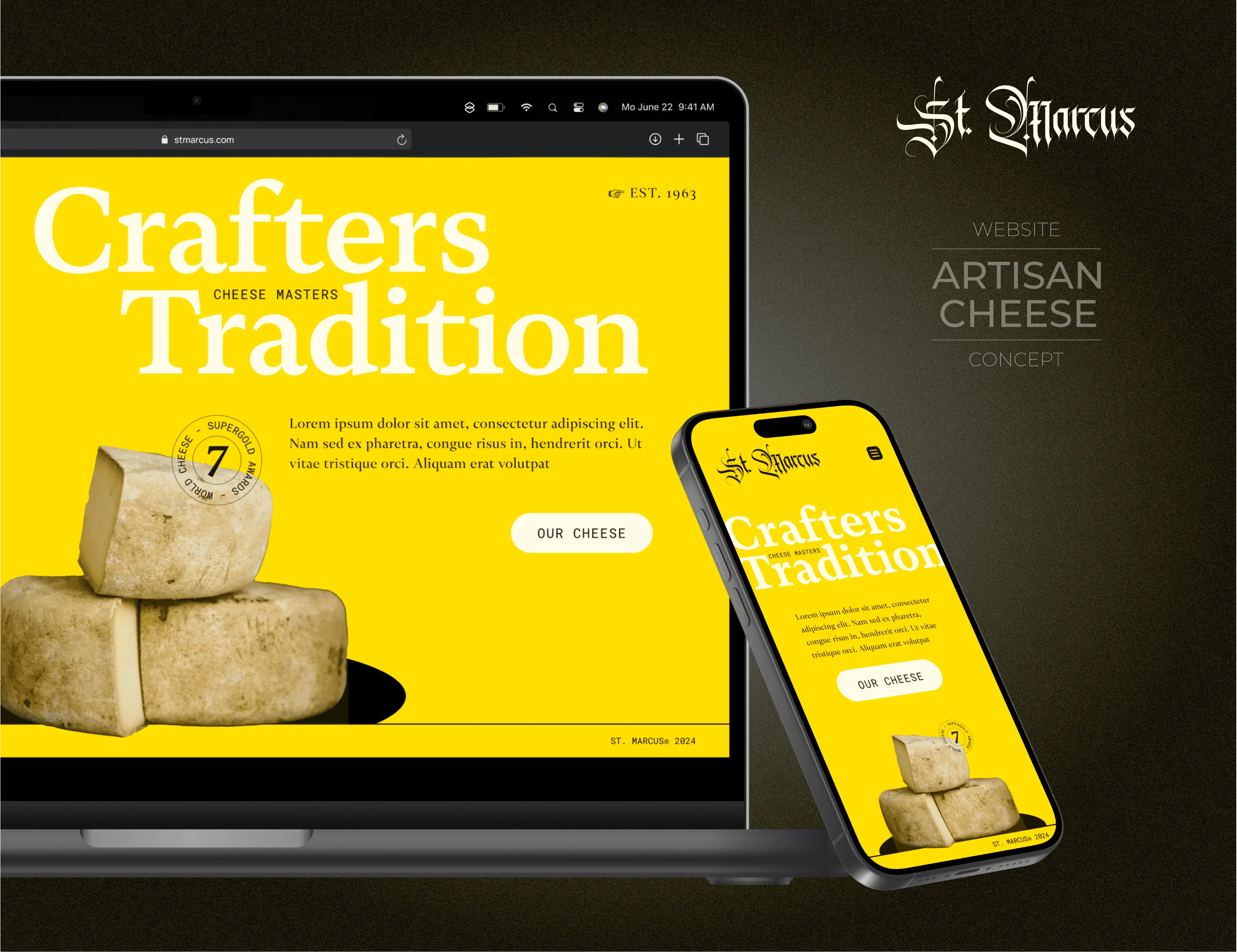 Web conceptual de St. Marcus: home de queso artesano en amarillo intenso sobre casi negro