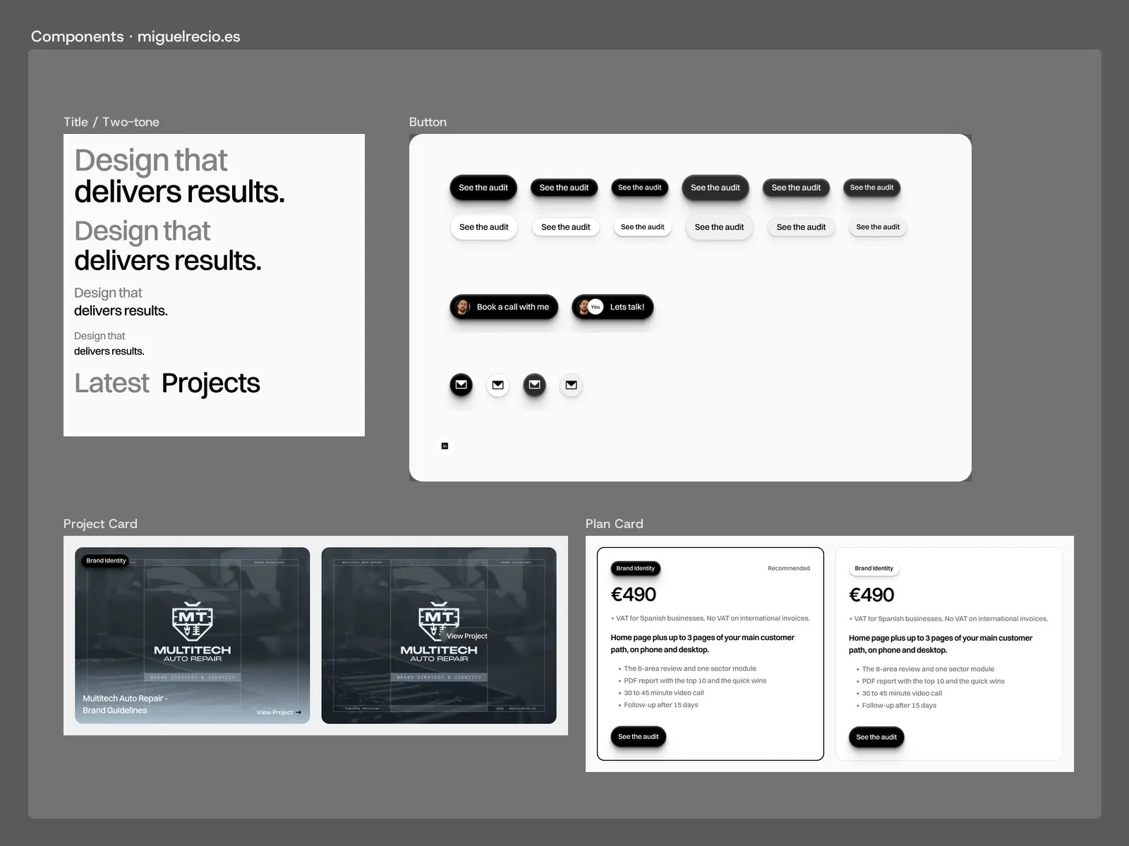 Components of the miguelrecio.es design system in Figma