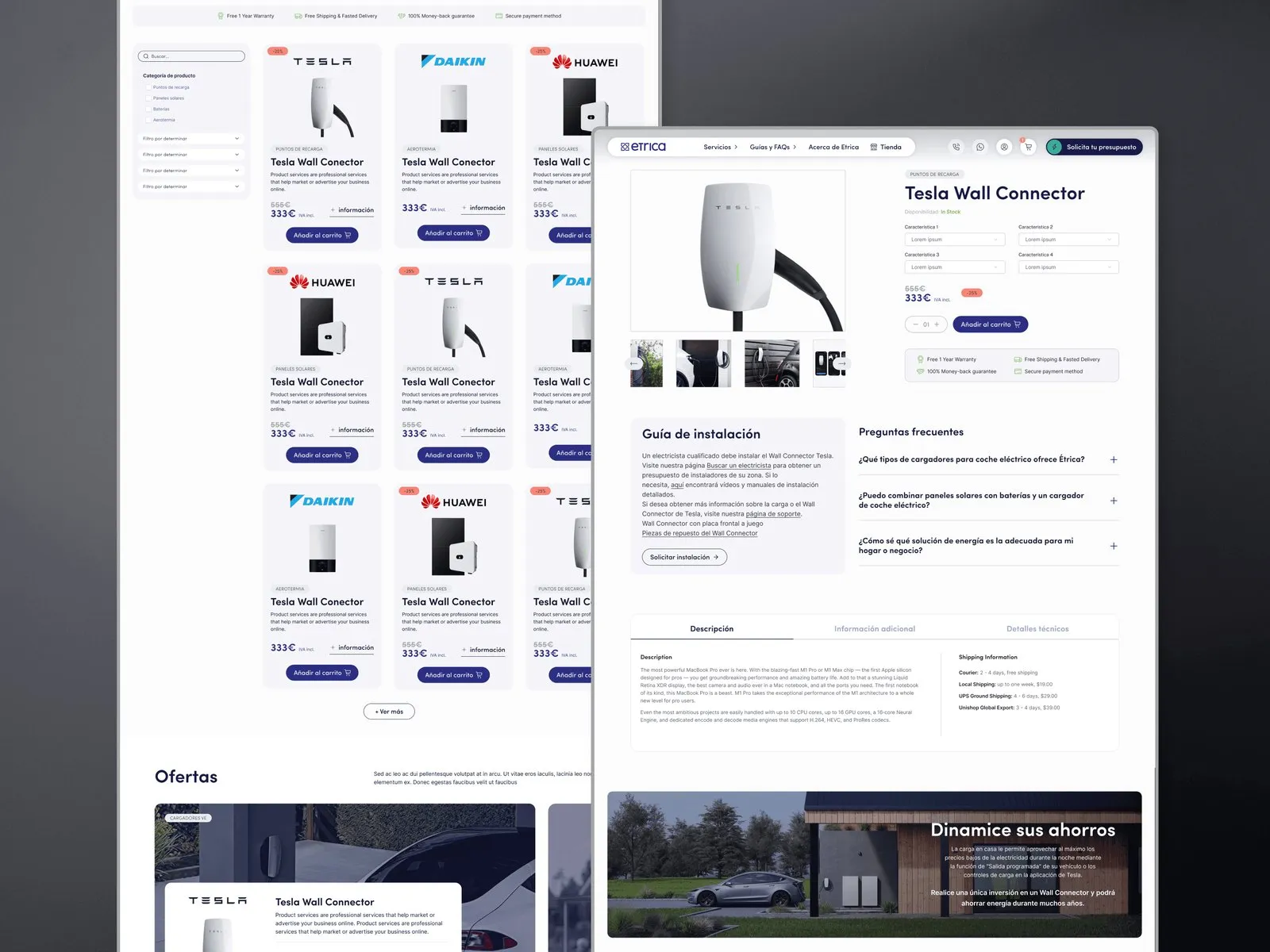 Tienda online de Étrica con fichas de producto, guías de instalación y filtros