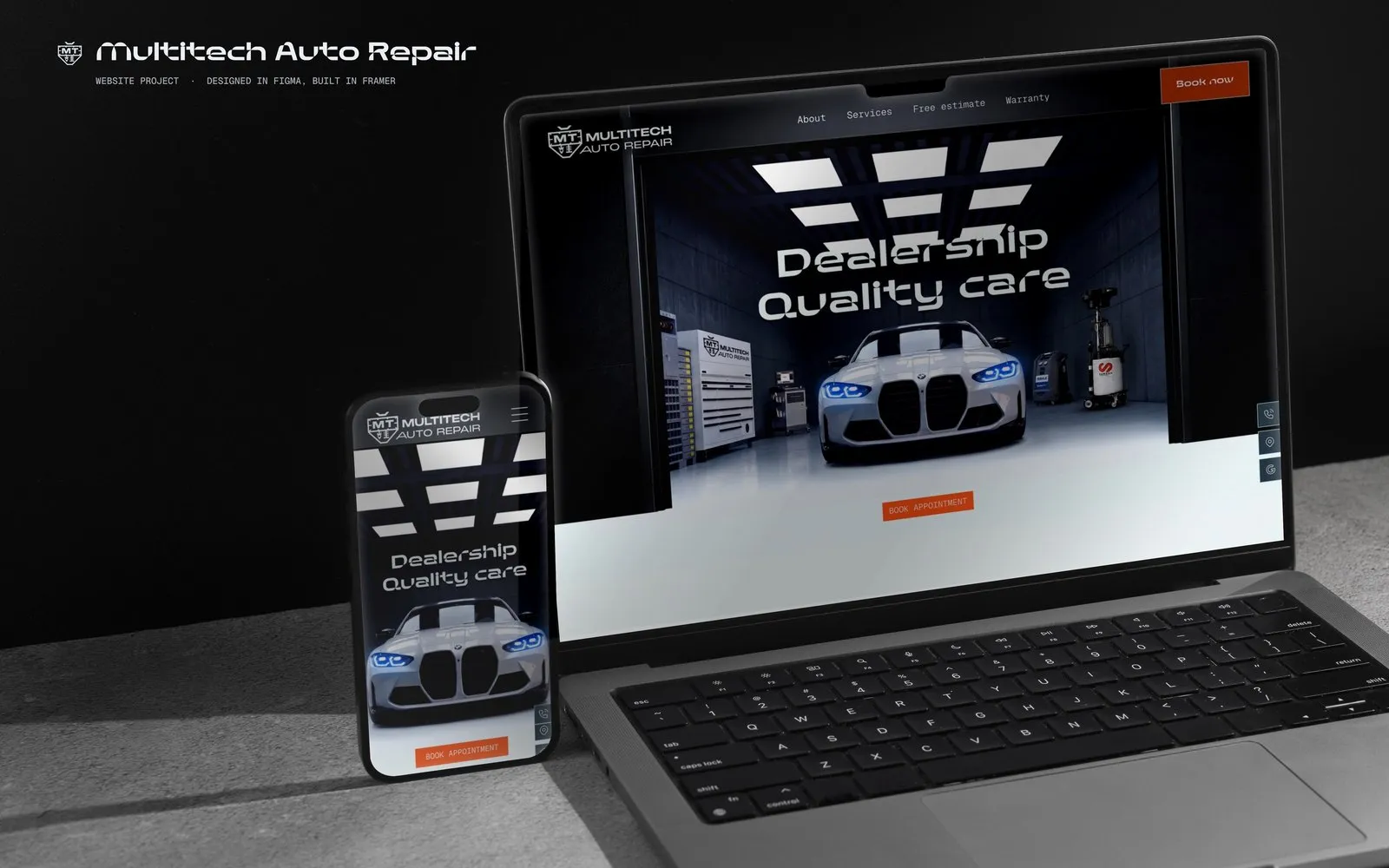 Web de Multitech Auto Repair en un portátil y un móvil sobre fondo oscuro