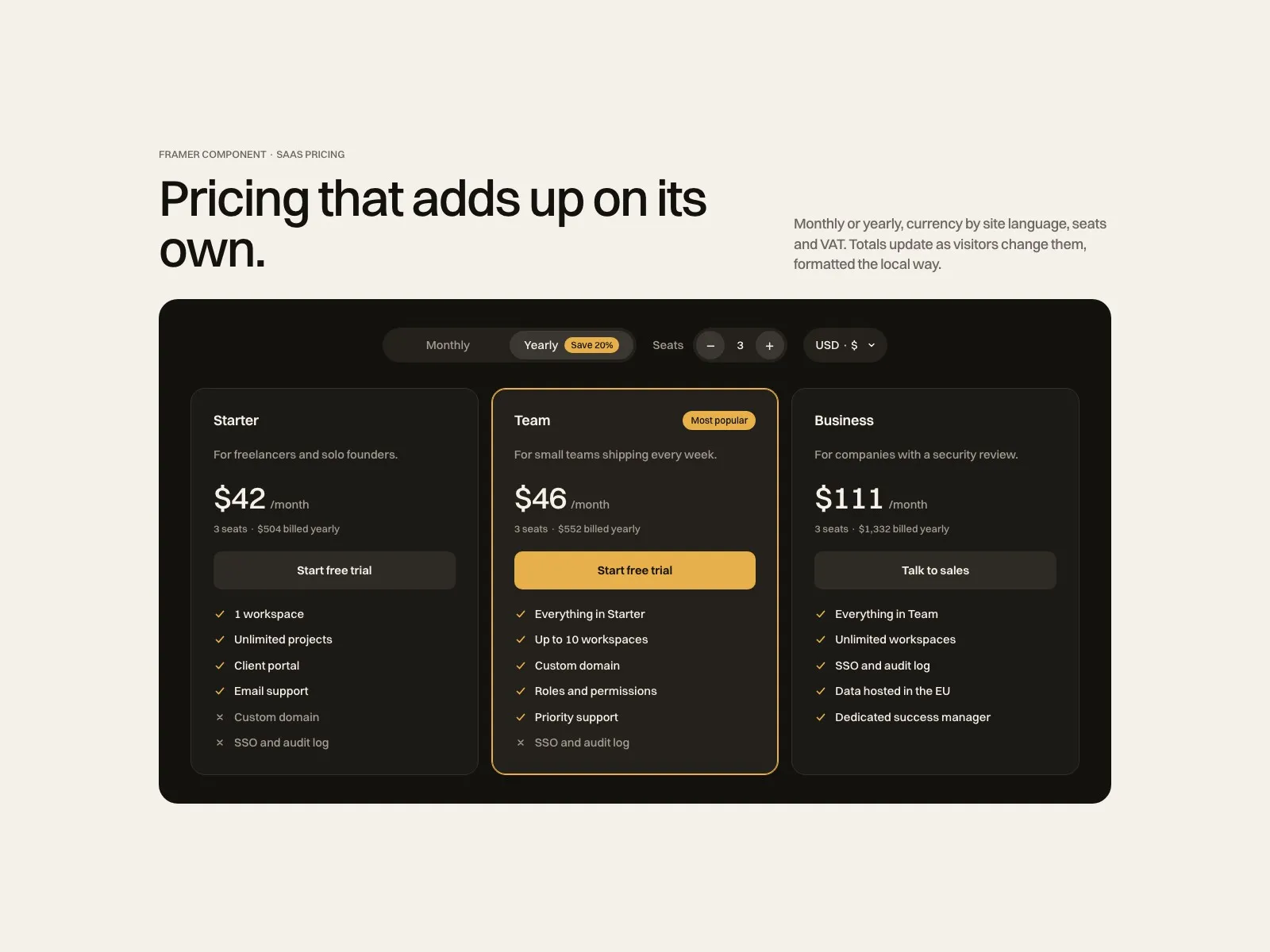 Pricing Switch with three plans, yearly billing, seats and currency