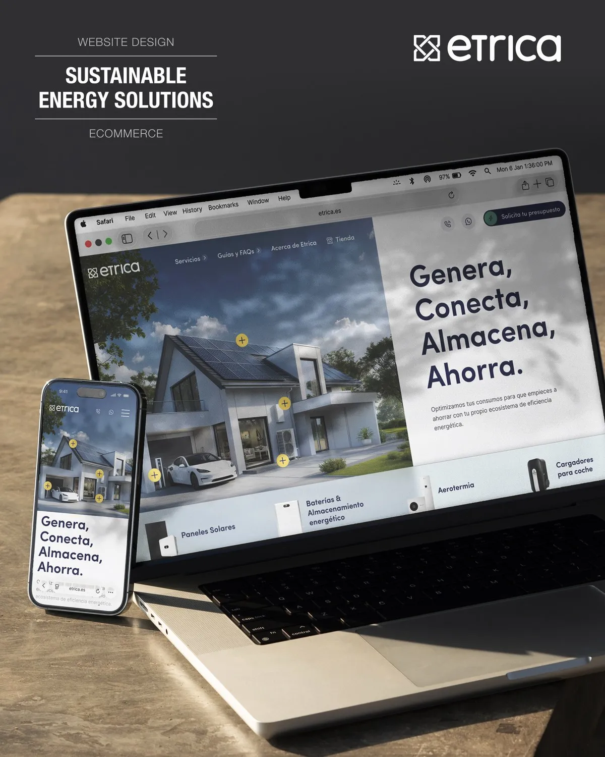 Web de Étrica en un portátil y un móvil, diseñada por Miguel Recio
